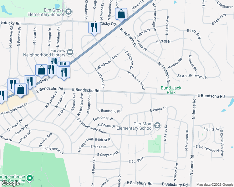 map of restaurants, bars, coffee shops, grocery stores, and more near 913 North Seminole Court in Independence