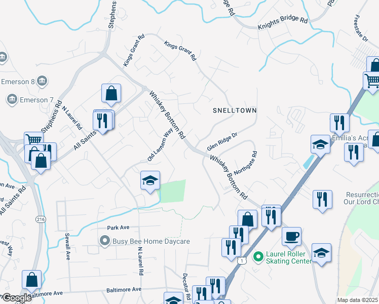 map of restaurants, bars, coffee shops, grocery stores, and more near 9501 Mellow Court in Laurel