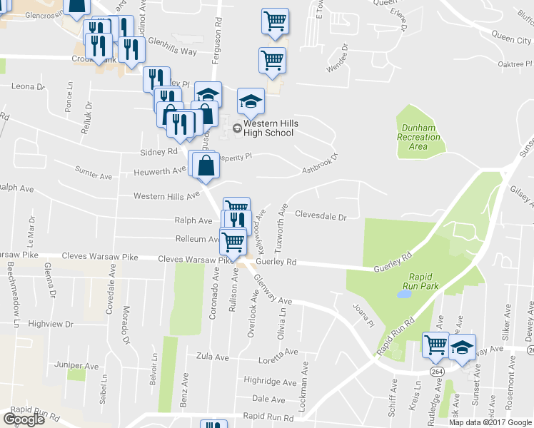 map of restaurants, bars, coffee shops, grocery stores, and more near 1666 Kellywood Avenue in Cincinnati