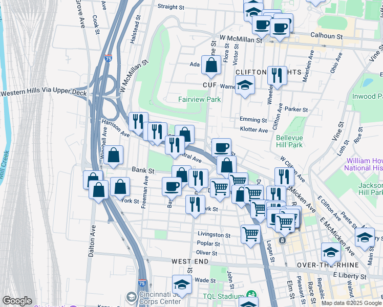 map of restaurants, bars, coffee shops, grocery stores, and more near 1995 Central Avenue in Cincinnati