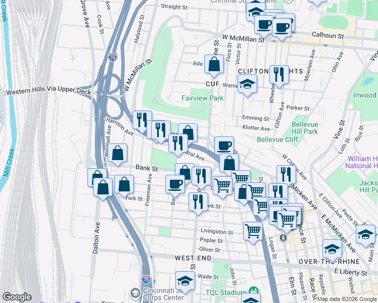 map of restaurants, bars, coffee shops, grocery stores, and more near 1995 Central Avenue in Cincinnati