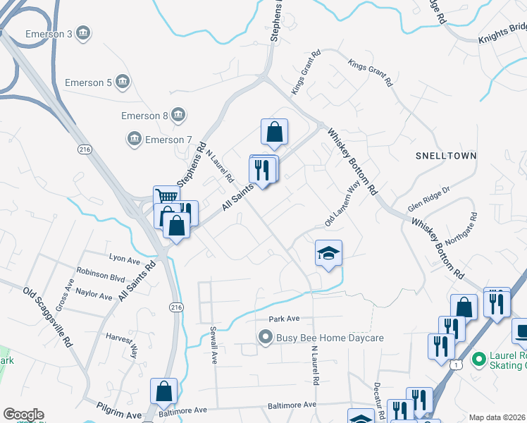 map of restaurants, bars, coffee shops, grocery stores, and more near 9005 North Laurel Road in Laurel
