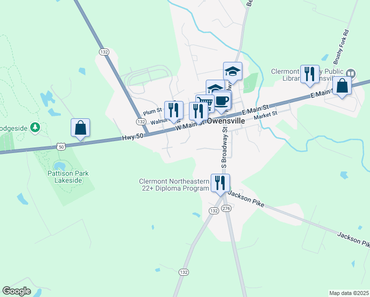 map of restaurants, bars, coffee shops, grocery stores, and more near 371 West Main Street in Owensville