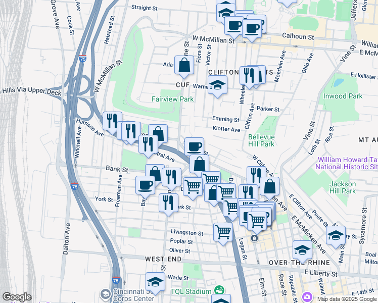 map of restaurants, bars, coffee shops, grocery stores, and more near in Cincinnati