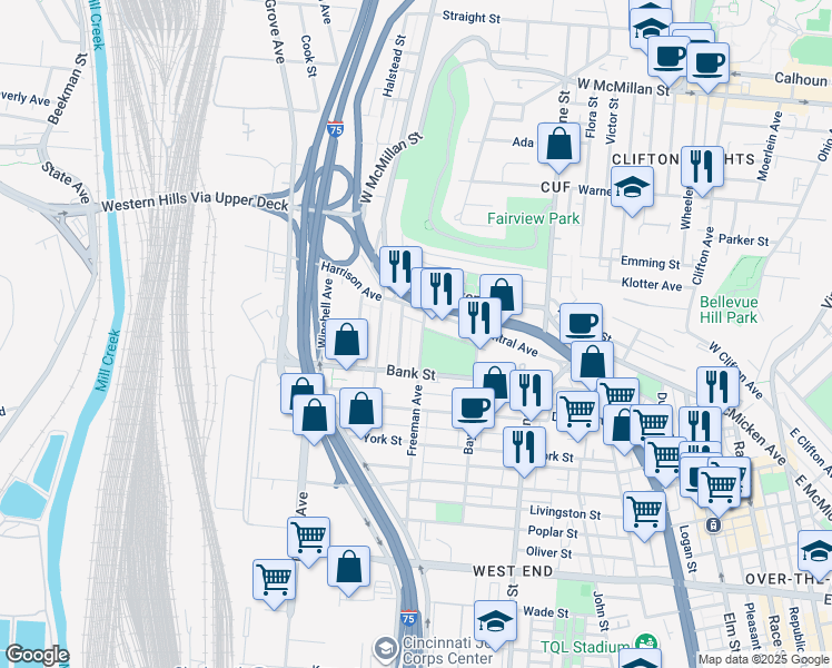 map of restaurants, bars, coffee shops, grocery stores, and more near 2107 Freeman Avenue in Cincinnati