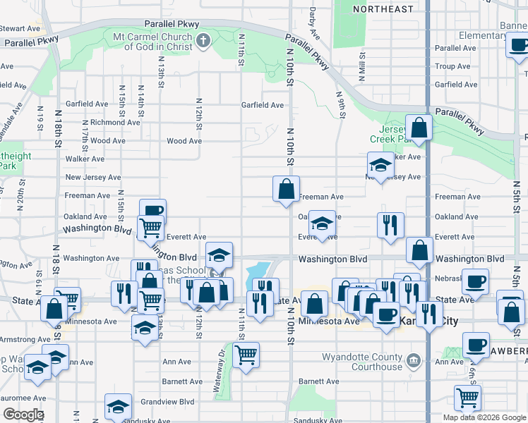 map of restaurants, bars, coffee shops, grocery stores, and more near 1025 Oakland Avenue in Kansas City