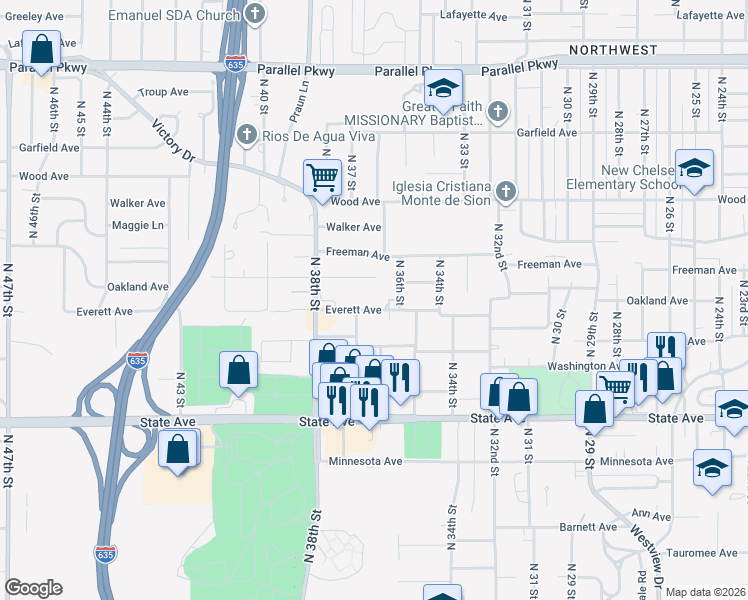 map of restaurants, bars, coffee shops, grocery stores, and more near 3641 Everett Avenue in Kansas City