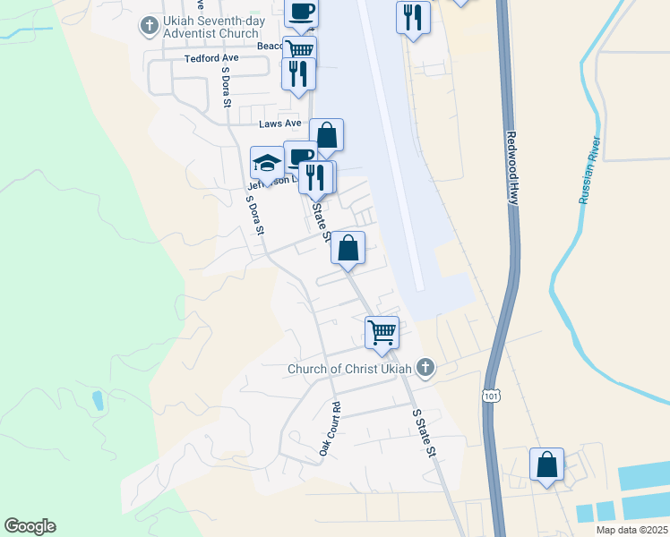 map of restaurants, bars, coffee shops, grocery stores, and more near 2180 South State Street in Ukiah