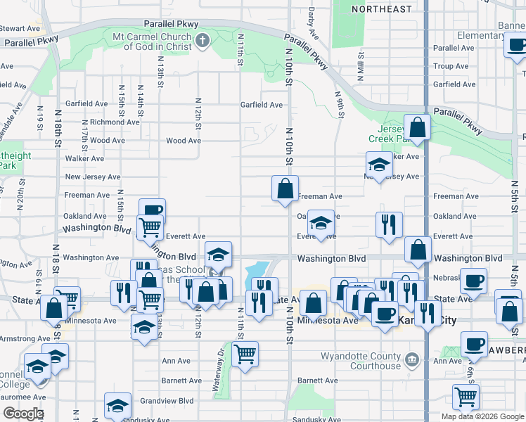 map of restaurants, bars, coffee shops, grocery stores, and more near 1025 Oakland Avenue in Kansas City