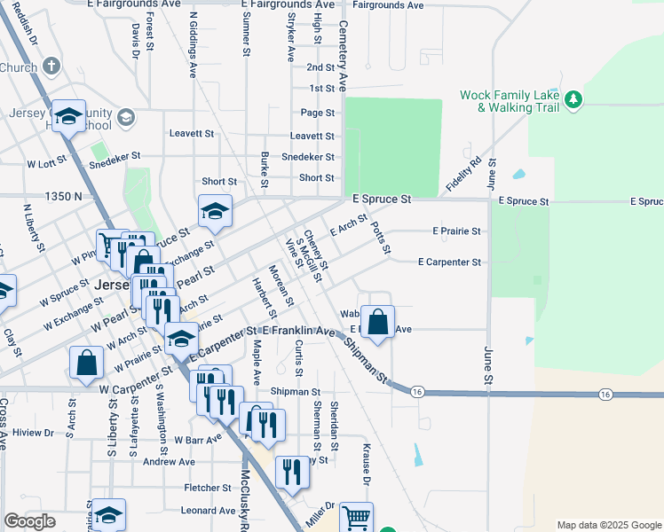 map of restaurants, bars, coffee shops, grocery stores, and more near 606 East Carpenter Street in Jerseyville