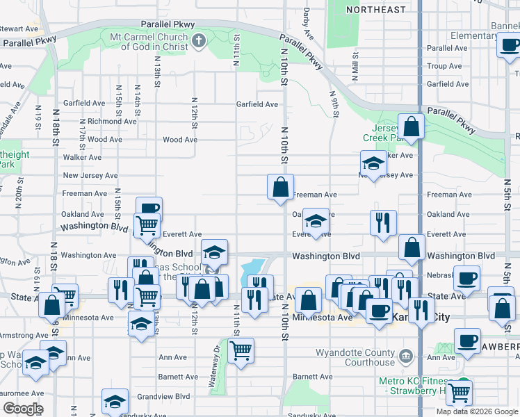 map of restaurants, bars, coffee shops, grocery stores, and more near 1025 Oakland Avenue in Kansas City