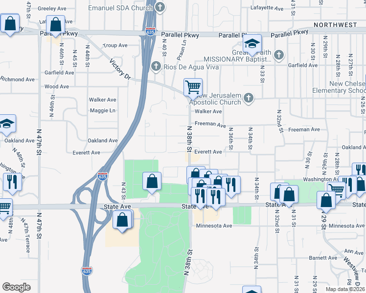 map of restaurants, bars, coffee shops, grocery stores, and more near 1400 North 38th Street in Kansas City