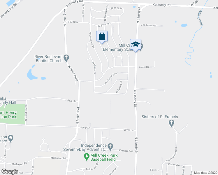 map of restaurants, bars, coffee shops, grocery stores, and more near 2806 North McComas Lane in Independence