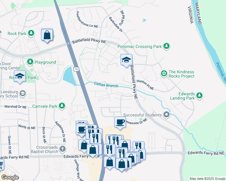 map of restaurants, bars, coffee shops, grocery stores, and more near 852 Rockford Square Northeast in Leesburg