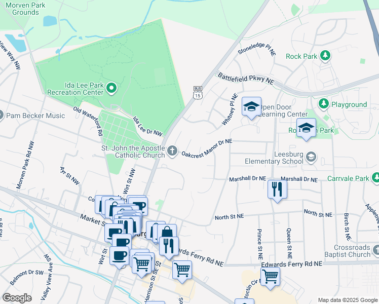 map of restaurants, bars, coffee shops, grocery stores, and more near 102 Oakcrest Manor Drive Northeast in Leesburg