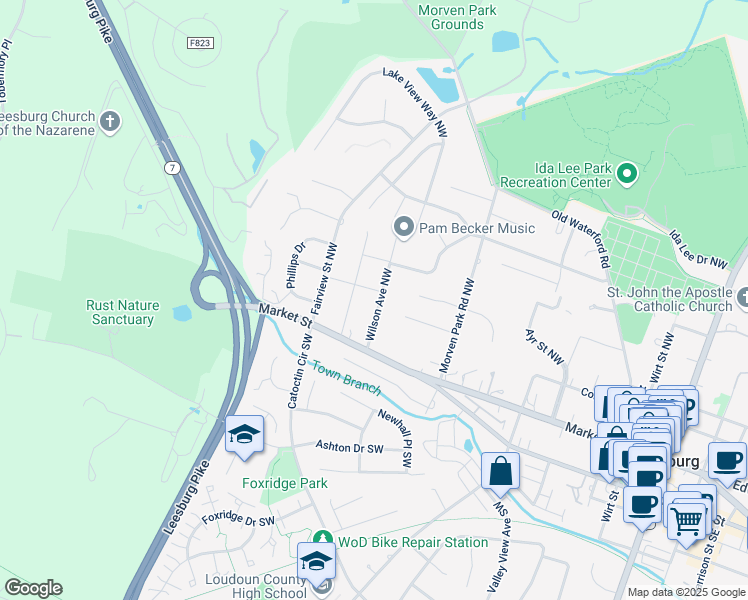 map of restaurants, bars, coffee shops, grocery stores, and more near 23 Wilson Avenue Northwest in Leesburg