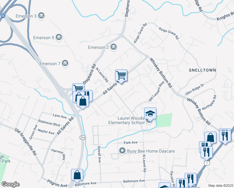 map of restaurants, bars, coffee shops, grocery stores, and more near 9056 North Laurel Road in Laurel