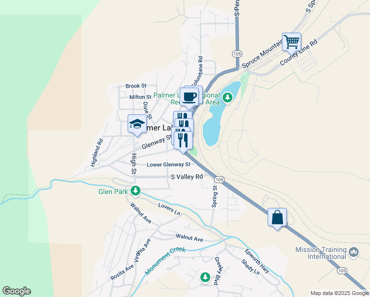 map of restaurants, bars, coffee shops, grocery stores, and more near 75 Colorado 105 in Palmer Lake