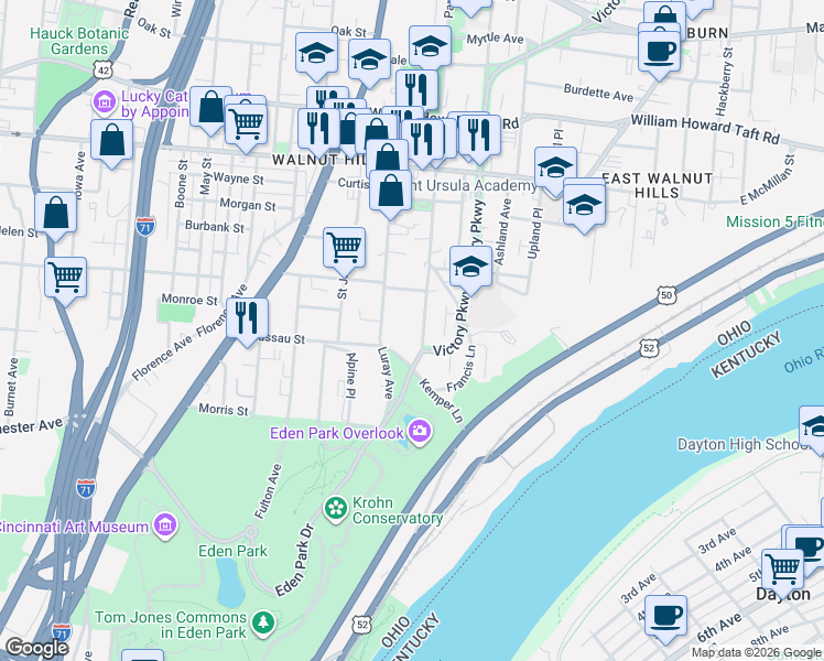 map of restaurants, bars, coffee shops, grocery stores, and more near 1031 Windsor Street in Cincinnati