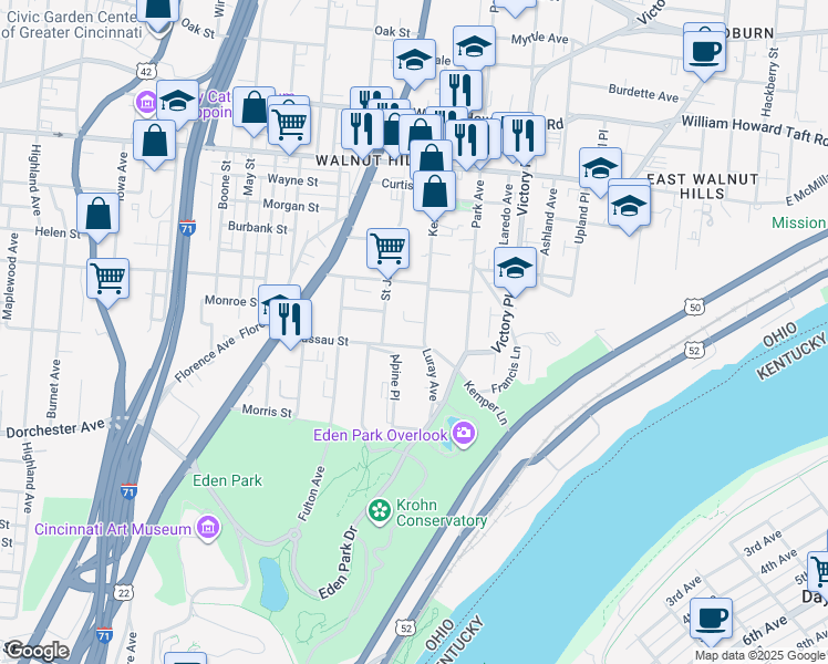 map of restaurants, bars, coffee shops, grocery stores, and more near 2223 Kemper Lane in Cincinnati