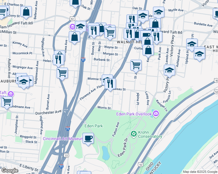 map of restaurants, bars, coffee shops, grocery stores, and more near 2223 Gilbert Avenue in Cincinnati