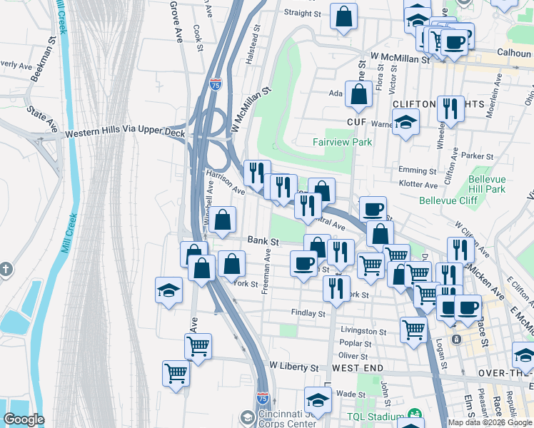 map of restaurants, bars, coffee shops, grocery stores, and more near 2157 Central Avenue in Cincinnati