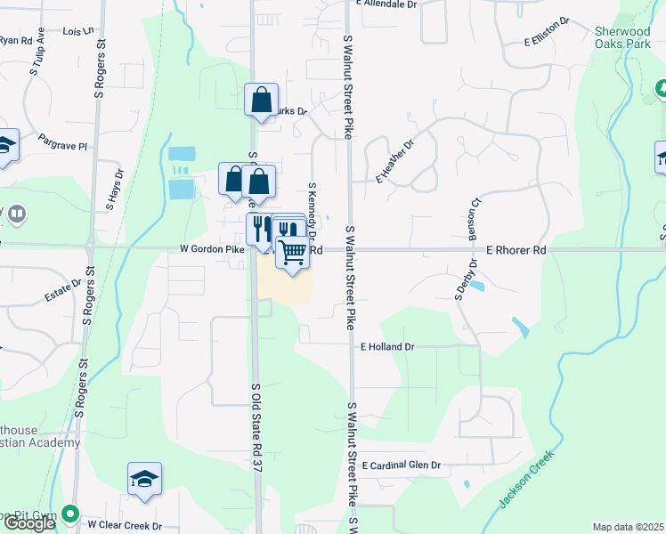 map of restaurants, bars, coffee shops, grocery stores, and more near 321-507 East Rhorer Road in Bloomington