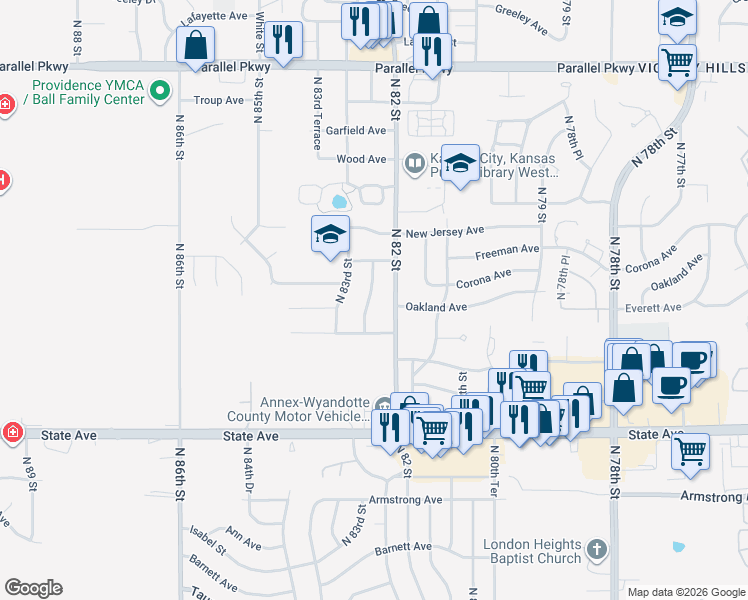map of restaurants, bars, coffee shops, grocery stores, and more near 1531 North 83rd Street in Kansas City