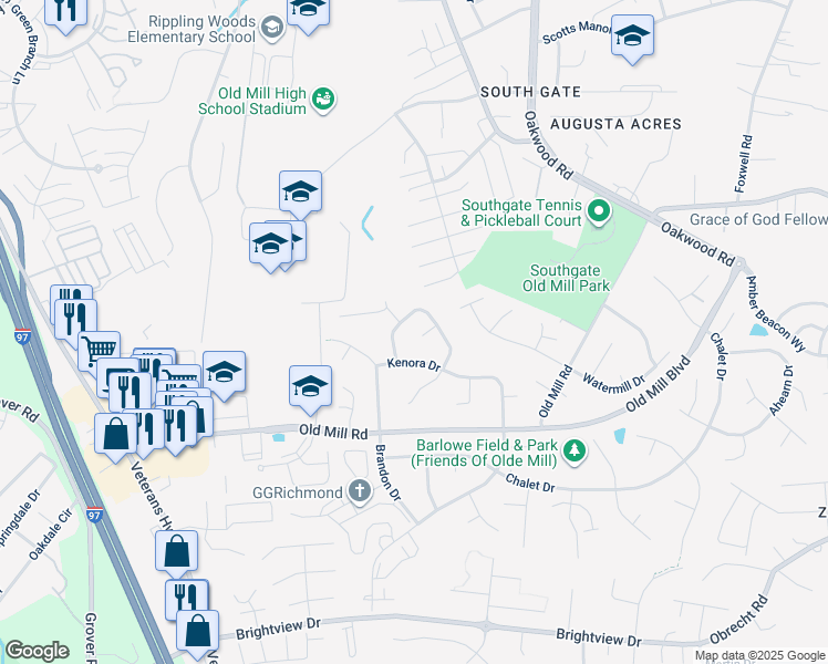 map of restaurants, bars, coffee shops, grocery stores, and more near 518 Granby Court in Millersville