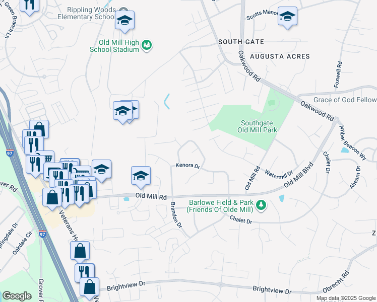 map of restaurants, bars, coffee shops, grocery stores, and more near 518 Granby Court in Millersville