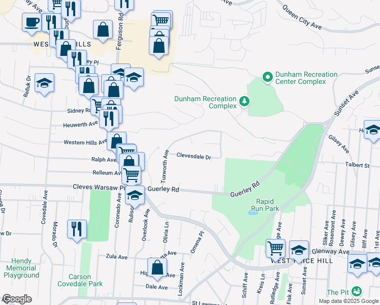 map of restaurants, bars, coffee shops, grocery stores, and more near 1714 Tuxworth Avenue in Cincinnati