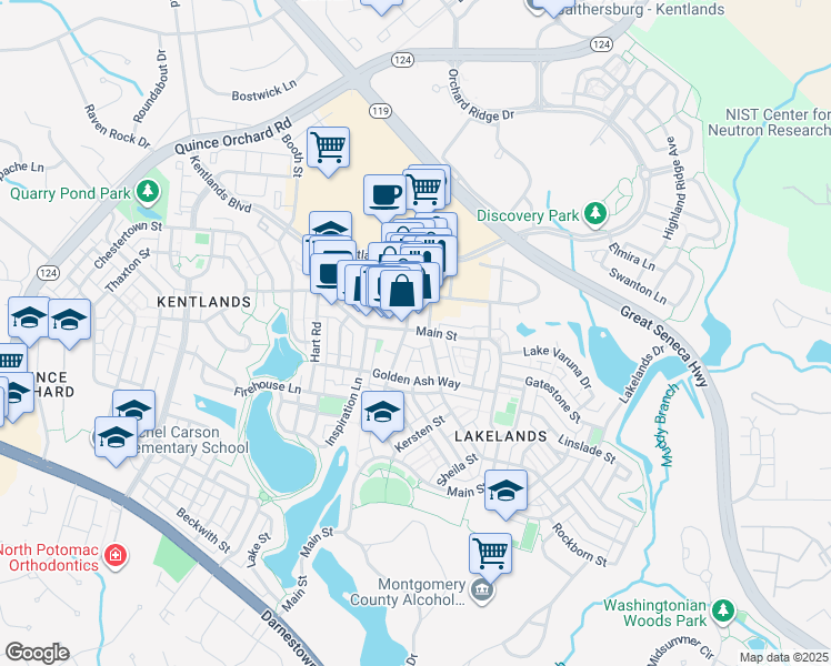 map of restaurants, bars, coffee shops, grocery stores, and more near 501 Main Street in Gaithersburg