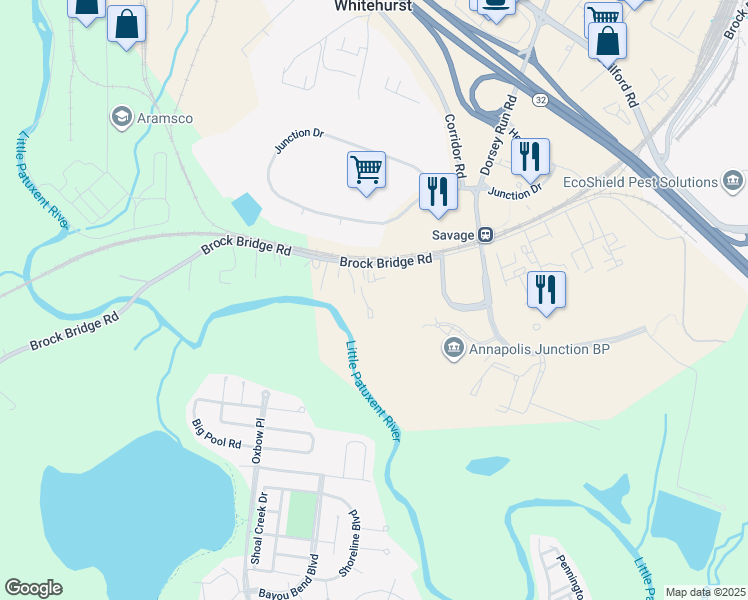 map of restaurants, bars, coffee shops, grocery stores, and more near 8213 Brock Bridge Road in Laurel