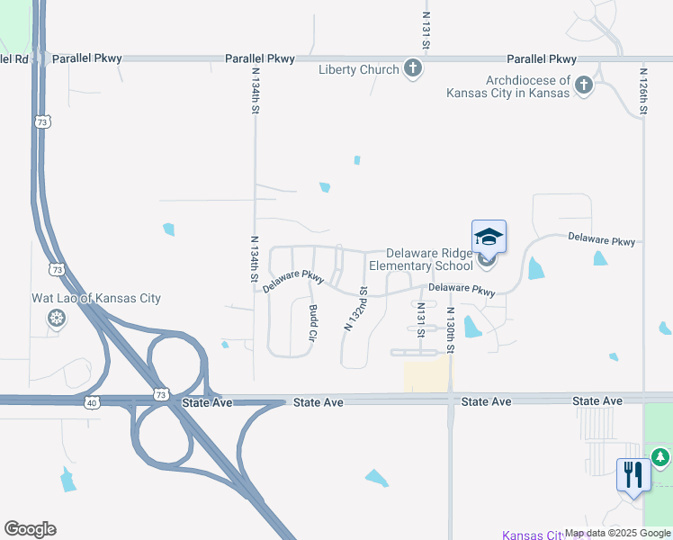 map of restaurants, bars, coffee shops, grocery stores, and more near Delaware Ridge Place in Kansas City