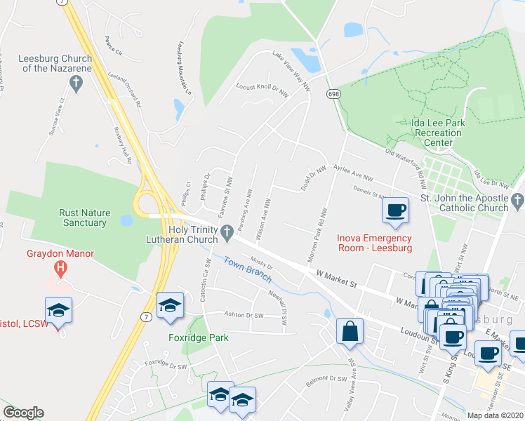 map of restaurants, bars, coffee shops, grocery stores, and more near 23 Wilson Avenue Northwest in Leesburg