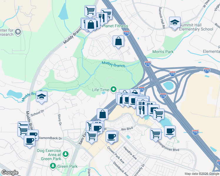 map of restaurants, bars, coffee shops, grocery stores, and more near 10201 Washingtonian Boulevard in Gaithersburg