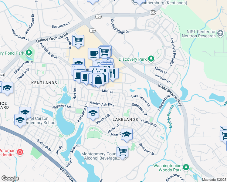 map of restaurants, bars, coffee shops, grocery stores, and more near 624B Main Street in Gaithersburg
