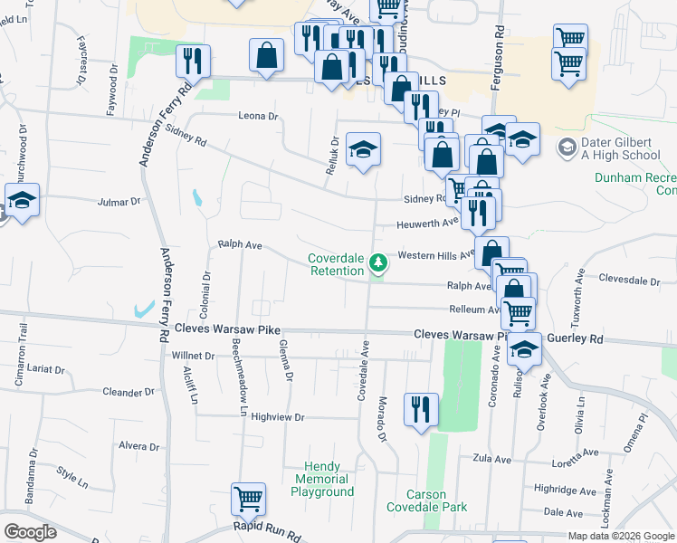 map of restaurants, bars, coffee shops, grocery stores, and more near 5037 Western Hills Avenue in Cincinnati