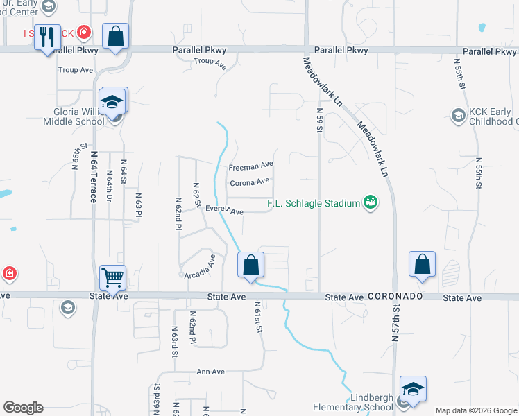 map of restaurants, bars, coffee shops, grocery stores, and more near 6000 Oakland Avenue in Kansas City