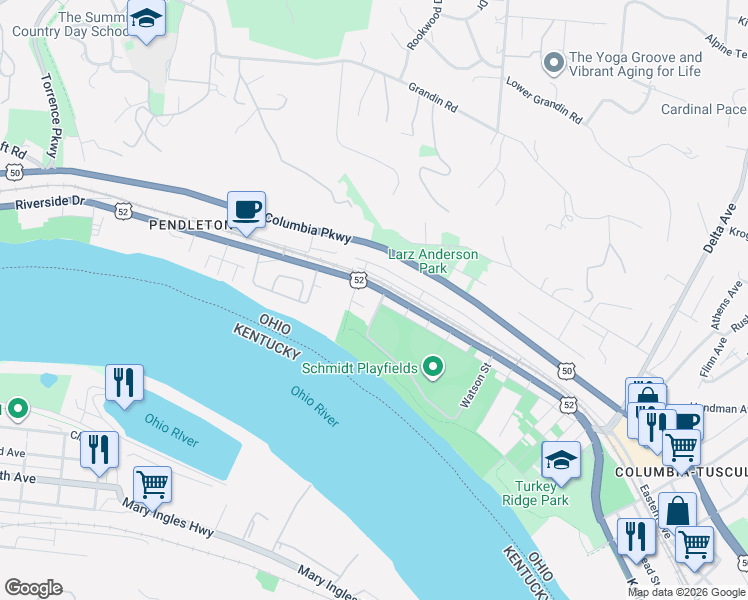map of restaurants, bars, coffee shops, grocery stores, and more near 2915 Riverside Drive in Cincinnati