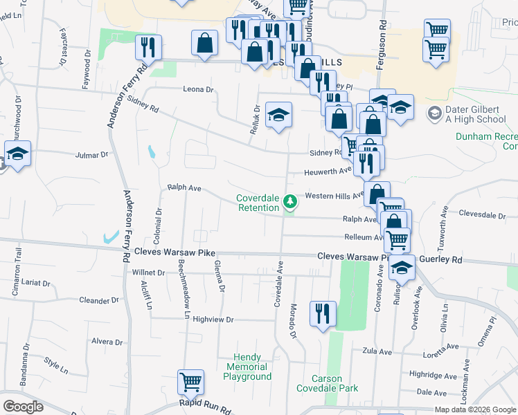 map of restaurants, bars, coffee shops, grocery stores, and more near 5037 Western Hills Avenue in Cincinnati