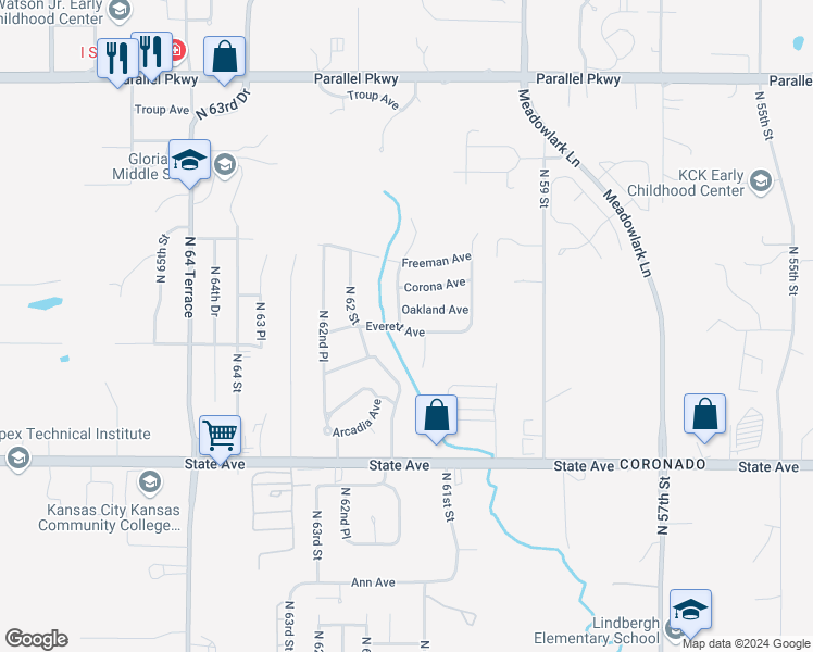 map of restaurants, bars, coffee shops, grocery stores, and more near 1500 North 61st Terrace in Kansas City