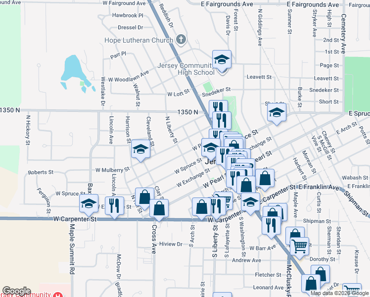 map of restaurants, bars, coffee shops, grocery stores, and more near 408 North Lafayette Street in Jerseyville