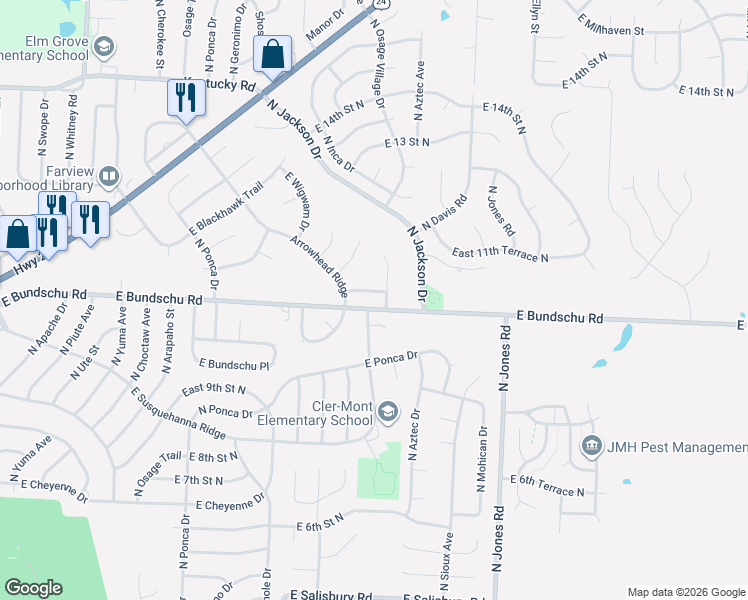 map of restaurants, bars, coffee shops, grocery stores, and more near 1023 North Aztec Court in Independence