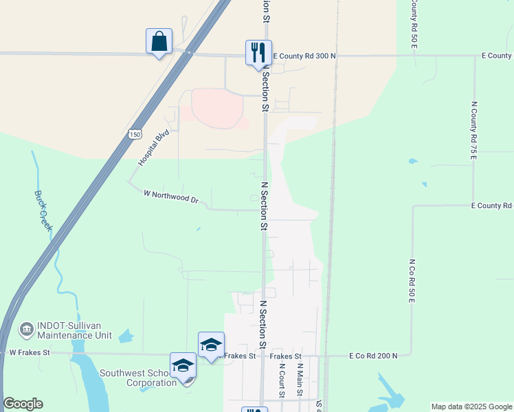 map of restaurants, bars, coffee shops, grocery stores, and more near 2016 North Section Street in Sullivan