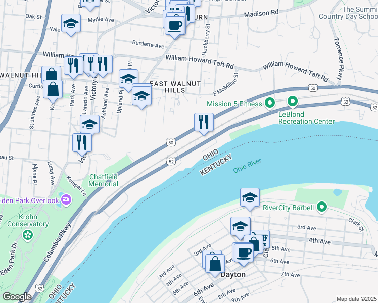 map of restaurants, bars, coffee shops, grocery stores, and more near 2024 Ohio Bicycle Route 1 in Cincinnati