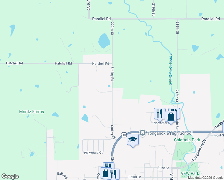 map of restaurants, bars, coffee shops, grocery stores, and more near 103 Twin Cedar Street in Tonganoxie