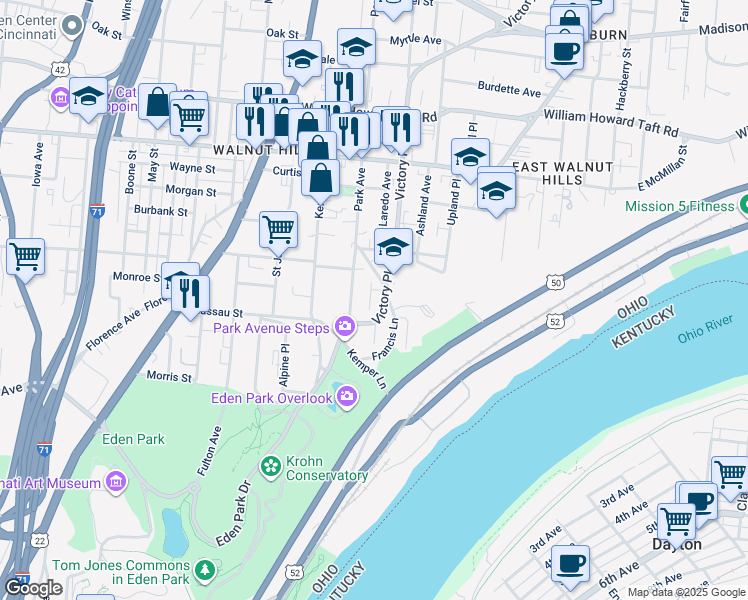 map of restaurants, bars, coffee shops, grocery stores, and more near 2215 Victory Parkway in Cincinnati