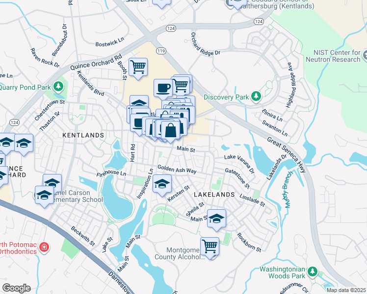 map of restaurants, bars, coffee shops, grocery stores, and more near 624B Main Street in Gaithersburg