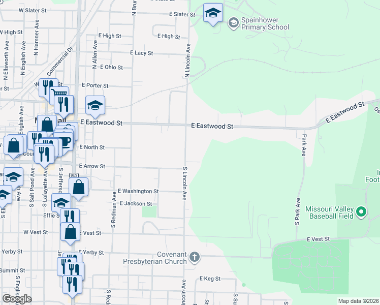map of restaurants, bars, coffee shops, grocery stores, and more near 190 North Lincoln Avenue in Marshall